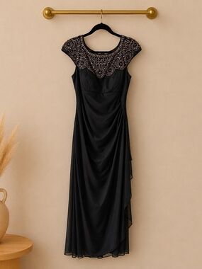 Xscape Black Beaded Cap Sleeve Maxi Dress